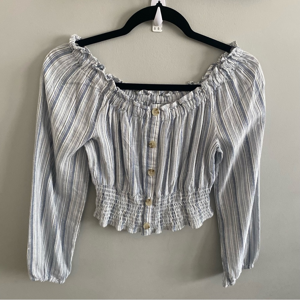 Aeropostale Women’s Blue striped off-the- shoulder blouse.